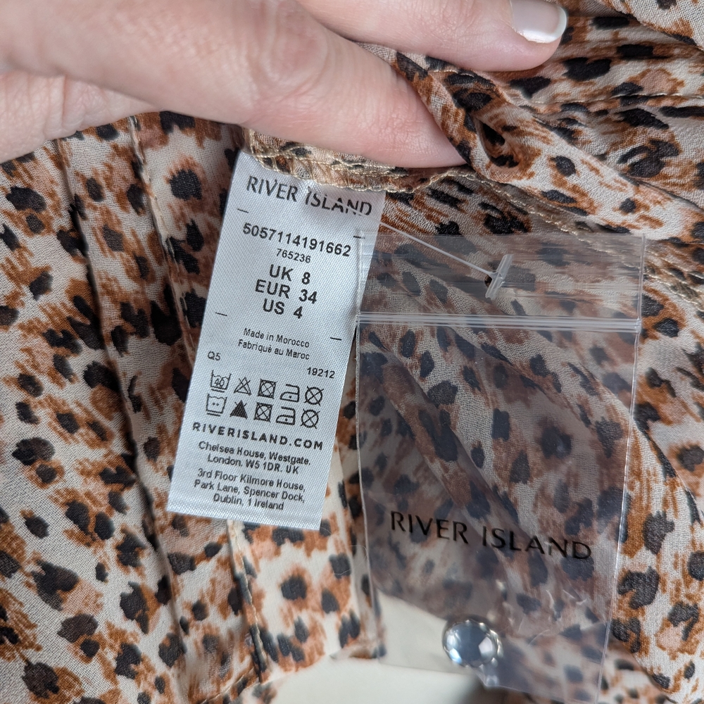 River Island Sheer Leopard Print Ruffle Button Down Shirt W/ Rhinestone Buttons - Picture 6 of 9
